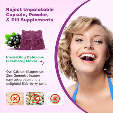 Calcium Magnesium Zinc Gummies - 1000Mg Calcium With Vitamin D3 & K2, Calcium Citrate Gummies For Bone, Muscle, Calm & Zzz Support -High Absorption Magnesium, Elderberry Flavored, 60 Count