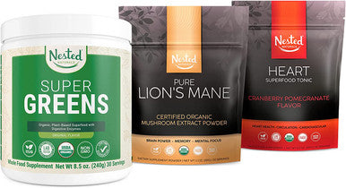 Nested Naturals Healthy Aging Full Body and Mind, Super Greens Powder, Pure Lions Mane Mushroom Powder, Superfood Heart Tonic