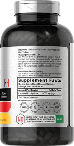 German Creatine Monohydrate 5000mg | 250 Capsules | Non-GMO, Gluten Free Supplement | by Horbaach