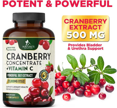 Nature'S Nutrition Cranberry Extract Pills + Vitamin C (25000mg Formula) - Natural Urinary Tract Health Support with Cranberry Supplement for Women & Men - Nature's Non-GMO Gluten - 120 Capsules