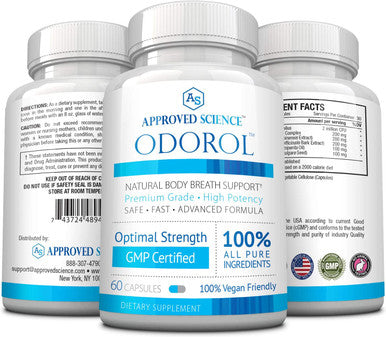 Approved Science Odorol 60 Capsules Freshen Bad Breath and Body Odor Contains L.acidophilus Green Tea Magnolia Bark Peppermint Oil and Fennel All Natural Vegan Friendly NonGMO