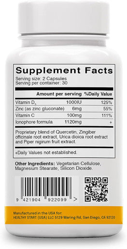 Lazu Virocin - Zinc Supplement - Zinc Ionophore Zinc, Vitamin C, Vitamin D3 Enhanced Immune Support And Rapid Absorption 60 Capsules