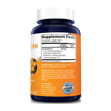 Sea Buckthorn (Omega 7) 2250mg 200 Veggie Powder Caps - Extract 5:1, Non-GMO &