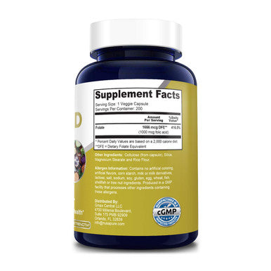 NusaPure Folic 1000mcg 200 Veggie Caps (Non-GMO, Vegetarian & )