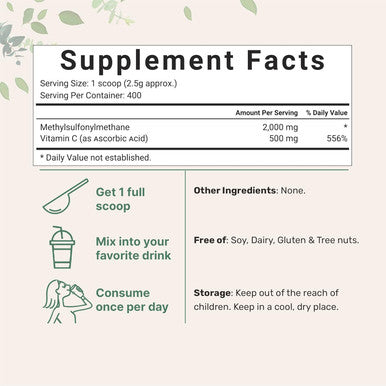 Micro Ingredients MSM(Methylsulfonylmethane) Powder1 KG | 2000mg Perserving MSM Crystal Powder Fortified with Vitamin C Bioactive Source of Sulfur Joint Health Support & Hair Growth Vegan Non-GMO