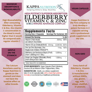 KAPPA NUTRITION Sambucus Elderberry with Vitamin C, Zinc, Vitamin D3 5000 IU & Ginger (120 Capsules) - Antioxidant & Immune Support Supplement, 2 Month Supply - 5 in 1 Black Elderberry for