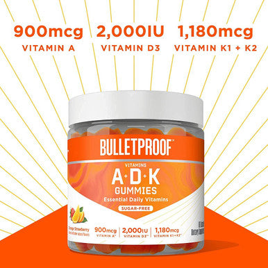Bulletproof Vitamins A+D+K, 60 Sugar-Free Gummies, Strawberry Orange Flavor |1000Mcg K1, 900Mcg A, 180Mcg K2, 50Mcg D3 | Zinc With Copper, 15Mg Zinc, 2Mg Copper, 60 Capsules