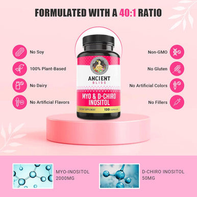 Ancient Bliss Myo & D-Chiro Inositol Supplement, 40 To 1 Ratio, Helps In Ovarian Function Support For Women, Vitamin B8 Helps To Regulate Menstrual Cycle, 2050Mg Per Serving, 120 Vegan Capsules