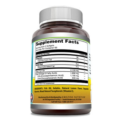 Amazing Omega Triple Strength Fish Oil Supplement | Lemon Flavor | 1360 Mg Per Serving | 120 Softgels | Non-Gmo | Gluten-Free