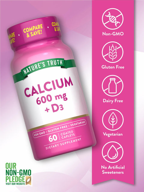 Nature's Truth Calcium 600 mg with Vitamin D3 Coated Caplets Calcium Carbonate Vegetarian NonGMO and Gluten Free Supplement Calcium Carbonate Vegetarian NonGMO and Gluten Free Supplement