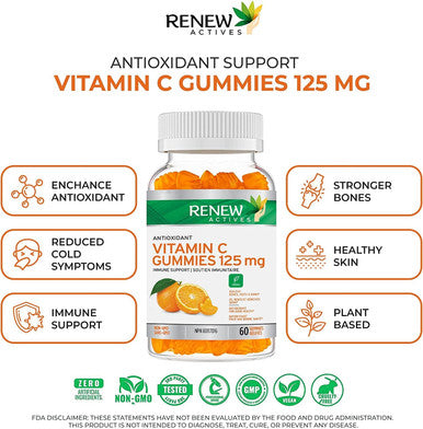 Renew Actives Vitamin C Gummies - Promotes Bone, Cartilage, Teeth, And Gum Health - Enhances Connective Tissue Formation - Source Of Antioxidants - 60 Gummies