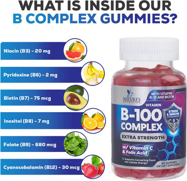 B Complex Gummies Extra Strength Vitamin B Gummy - Tasty Raspberry Vitamins with Niacin, B6, Folic Acid, B12 and Biotin - Best Energy Support and Immune Support for Women and Men - 60 Gummies