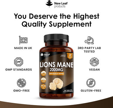 Lions Mane Mushroom Extract Supplement 2000Mg - 180 High Strength Vegan Tablets With Black Pepper - (Not Powder Or Capsules) Made In The Uk By Leaf Products