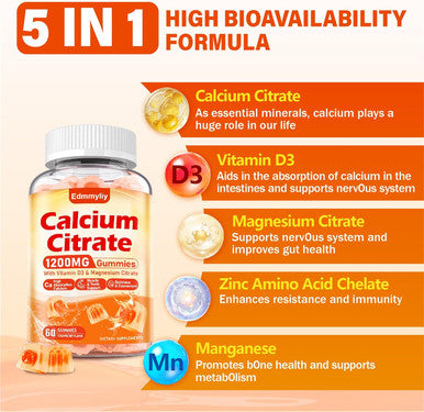 Calcium Citrate Supplement Gummies For Adult - Sugar Calcium Citrate 1200 Mg With Magnesium 300 Mg & Vitamin D3 - Organic Chewable Calcium Supplements For Women & Men