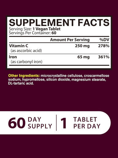 Iron Supplement For Women Men, High Potency Iron 65Mg With Vitamin C 250Mg, Slow Release Stomach Friendly Iron Pills For Red Blood Cell & Immune Support, Non-Gmo, Gluten Free, 60 Vegan Tabs