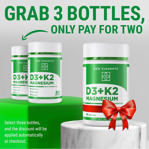 Elements Vitamin D3 K2 10000 Iu With Magnesium Glycinate 500Mg - Bone Health Immune Support Energy & Mood - Non-Gmo Gluten- Sugar- Softgels For Women & Men (60 Softgels)