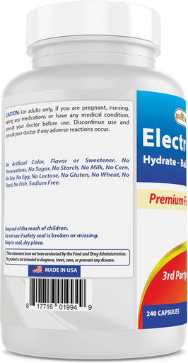 Best Naturals Electrolytes Hydrate-Balance- Sustain Premium Formula 240 Capsules. Gluten and Non-GMO.