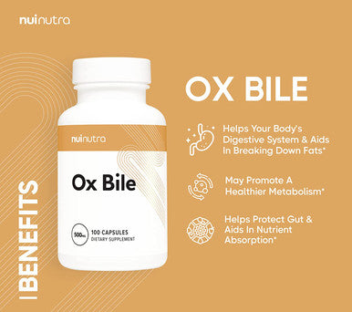 Nui Nutra Ox Bile Supplement 500mg | 100 Capsules | Bile Salts & Digestive Enzymes | Fat Digestion & Liver Support | Promotes Good Metabolism | Supports Gallbladder & Bile Flow