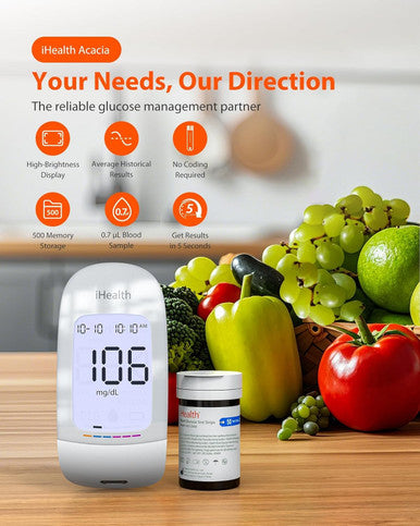 Ihealth Acacia Blood Glucose Monitor Kit, 100 Glucometer Strips, 100 Lancets, 1 Blood Sugar Monitor, 1 Lancing Device, 1 Travel Bag, No Coding, Portable Diabetes Testing Kit, Blood Sugar Testing Kit
