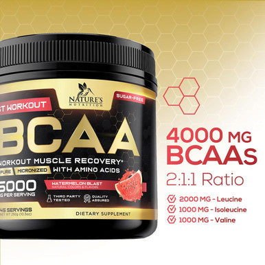 Nature'S Nutrition BCAA Powder 4g BCAAs 2:1:1 1g Glutamine B6 - Pre Workout Drink Energy Boost & Post Workout Muscle Recovery Amino Acids Supplement for Men & Women - Keto Sugar Watermelon Flavor - 45 Servings