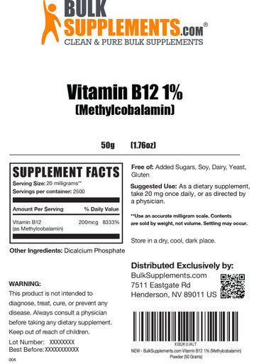 Bulksupplements.Com Vitamin B12 1% Methylcobalamin Powder - Energy Vitamins - B12 Vitamins - Vegan B12 - B12 Supplement (50 Grams - 1.8 Oz)