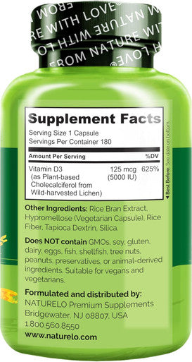 Naturelo Vitamin D - 5000 Iu - Plant Based From Lichen - Natural D3 Supplement For Immune System, Bone Support, Joint Health - High Potency - Vegan - Non-Gmo - Gluten - 180 Capsules