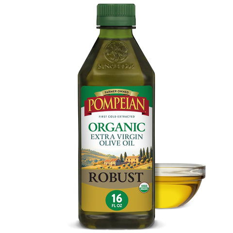 Pompeian Smooth Organic Extra Virgin Olive Oil - 16 fl oz | First Cold Pressed Olive Oil for Cooking - Smooth Taste for Sauteing, Stir-Frying, and Baking