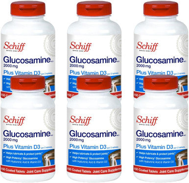 Schiff Glucosamine 2000mg with Vitamin D3 and Hyaluronic Acid 150 tablets - Joint Supplement (Pack of 6)