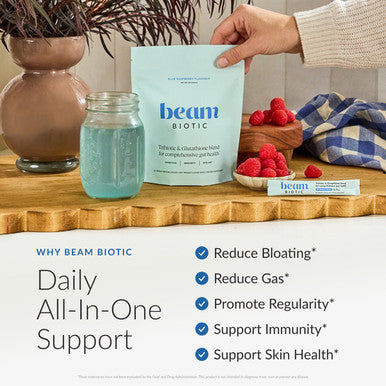 Beam Biotic Probiotics for Women Gut Health & Digestive Health Powder with Pre Pro & Postbiotics + Glutathione Daily Probiotic Drink for Bloating Relief & Gut Balance 15 Servings Blue Raspberry