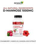 Renew Actives High Potency D-Mannose & Cranberry Complex 1000Mg With Premium Hibiscus, Dandelion Herb Extracts Antioxidant Support - No Artificial Flavours - Easy To Swallow Capsules