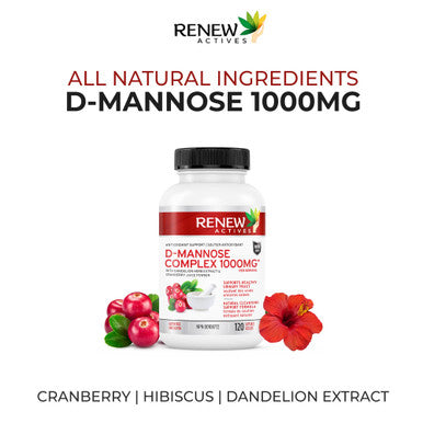 Renew Actives High Potency D-Mannose & Cranberry Complex 1000Mg With Premium Hibiscus, Dandelion Herb Extracts Antioxidant Support - No Artificial Flavours - Easy To Swallow Capsules