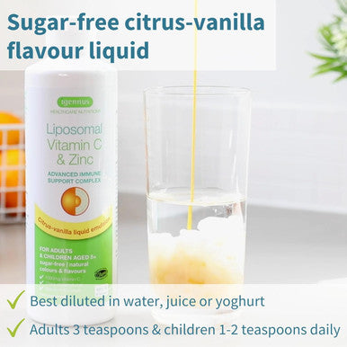Advanced Liposomal Vitamin C 1000Mg & Zinc Bisglycinate Liquid, 30-90 Servings, Immune Support Complex With Copper & Selenium For Adults & Kids, Sugar-, Citrus Vanilla Flavour, By Igennus