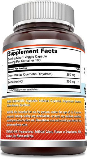 Amazing Nutrition Formulas Quercetin Berberine - 250mg Berberine and 250mg Quercetin 180 Veggie Capsules Supplement | Non-GMO | Gluten | Made in USA | Ideal for Vegetarians