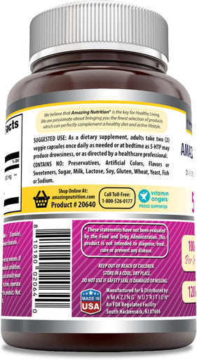 Amazing Nutrition Formulas 5-HTP (Hydroxytryptophan) Supplement | 100 Mg Per Serving | Veggie Capsules | Non-GMO | Gluten | Made in USA (1 Pack 120 Count)