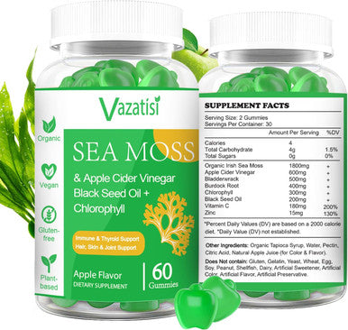 2 Pack Organic Irish Sea Moss Gummies With Black Seed Oil, Chlorophyll - Thyroid, Digestion, Mood, Energy & Immune Support - Women & Men, Adult & Kid - 120 Vegan Gummies