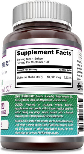 Amazing Nutrition Formulas Biotin with Extra Virgin Organic Coconut Oil Supplement | 10000 Mcg | 120 Softgels | Non-GMO | Gluten- | Made in USA
