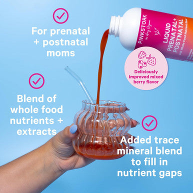 Pink Stork Liquid Prenatal Vitamins for Women - Organic Food Blend with 18 Vitamins for Pregnant and Postnatal Breastfeeding Moms - Morning Sickness Support Multivitamin - 32 Servings