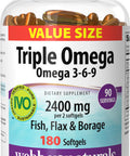 Webber Naturals Triple Omega 3-6-9, 2400 mg Fish Oil Per Serving, High Potency, 180 Softgels, No Fishy Aftertaste, Ultra-Purified, for Heart, Brain and Cardiovascular Health, Shellfish-Free