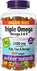 Webber Naturals Triple Omega 3-6-9, 2400 mg Fish Oil Per Serving, High Potency, 180 Softgels, No Fishy Aftertaste, Ultra-Purified, for Heart, Brain and Cardiovascular Health, Shellfish-Free