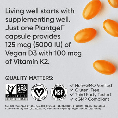 Sports Research Vitamin D3 K2 With Coconut Oil Plant Based Vitamin K2 Mk7 + Vegan D3 5000Iu For Bone & Immune Health Vegan Certified, Soy & Gluten - 30 Count Softgels
