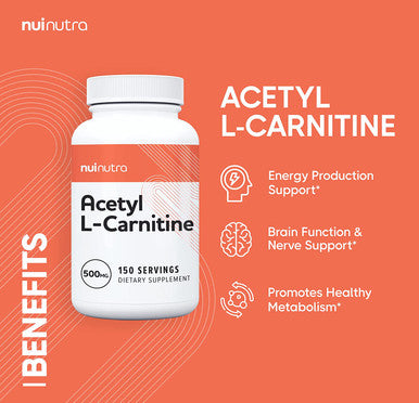 Nui Nutra Acetyl L-Carnitine Supplement | 500mg | 150 Capsules | Energy Production Support | Brain & Nerve Support | Promotes Metabolism | for Men and Women