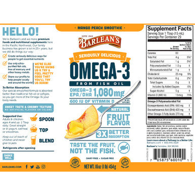 Barleans Mango Peach Omega 3 Fish Oil Supplements 1080mg of EPA/DHA 600 IU Vitamin D3 for Brain Heart Joint Immune Health Non GMO Gluten Free AllNatural Fruit Smoothie 16Ounce
