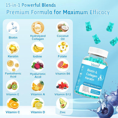 2 Pack Biotin Gummies 15000 Mcg With Collagen & Keratin For Hair Skin Nails & Joints- Women Men, Kids - 120 Blueberry Flavored Gummies