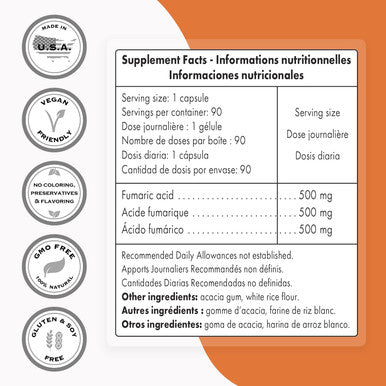 Supersmart Fumaric Acid 500 mg Per Day May Help to Reduce Patches of Peeling Skin Anti Inflammatory Supplement NonGMO Gluten Free 90 Vegetarian Capsules
