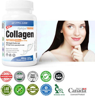 Vita-Age Premium Marine Wild Fish Collagen 4800mg 90% High Protein Content 120 Count, 100% Pure Hydrolyzed Collagen