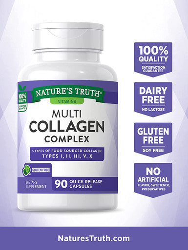 Multi Collagen Protein Capsules | 90 Count | Type I, II, III, V, X | Collagen Peptide Pills | Gluten Supplement | by Nature's Truth