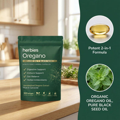 Herbies Oregano Oil Capsules Organic With Black Seed Oil 2 In 1 Herbal Formula 300 Softgels 6000Mg