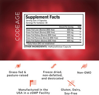 Codeage Grass Fed Beef Organs Supplement Glandulars Supplements - ze Dried Non-Defatted Desiccated Liver Heart Kidney Pancreas & Spleen Bovine Pills Beef Vitamins - Non-GMO -180 Capsules