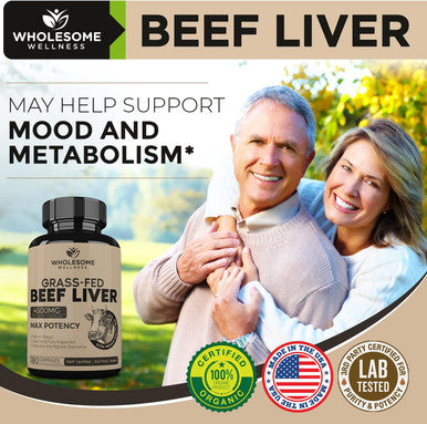 Wholesome Wellness Grass Fed Desiccated Beef Liver Capsules (180 Pills, 750mg Each) - Natural Iron, Vitamin A, B12 for Energy - Humanely Pasture Raised Undefatted in New Zealand Without Hormones or Chemicals