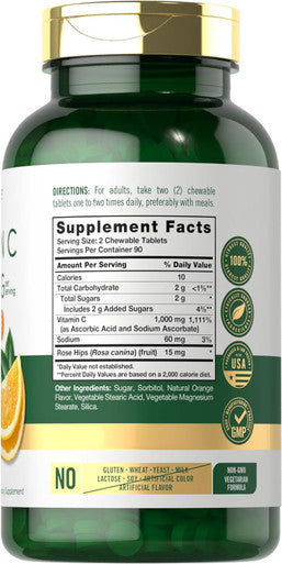 Carlyle Vitamin C Chewables | 1000mg | 180 Chewable Tablets | Vegetarian Non-GMO Gluten Supplement